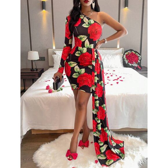 Floral Print Asymmetrical Wrap Neckline Dress With High-low Hem size M - Picture 1 of 6